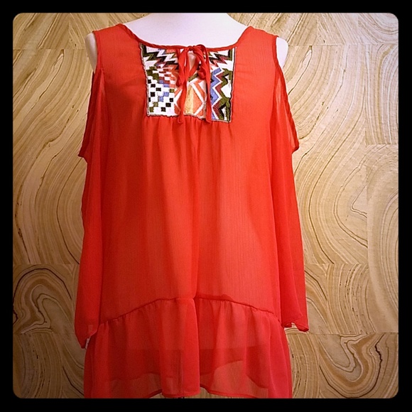 Tops - Red Sheer Off-the-shoulders Geometric Design Top